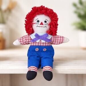 Vintage 80s Raggedy Andy Cloth Doll 9” Red Yarn Hair Blue Hat Toy